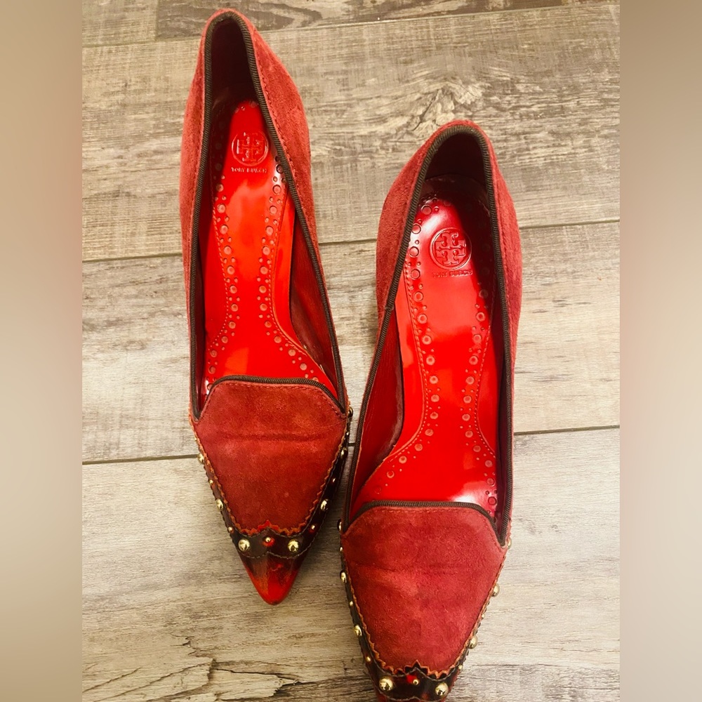 Tory Burch red suede studded pumps